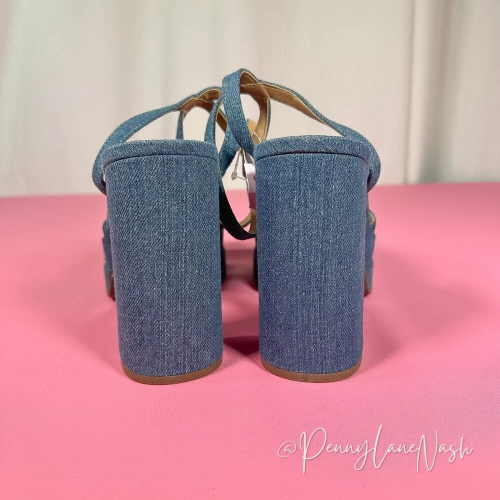 Wild Fable Chunky Block High Heels Denim Sandal Size10 Blue - Picture 9 of 11